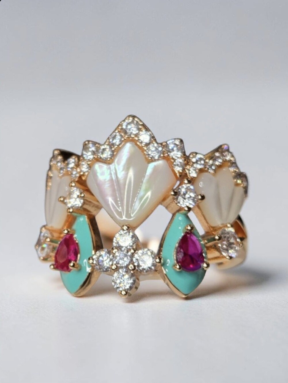 Gold-Tone Mother-of-Pearl & Turquoise Statement Ring with Pink Gemstones